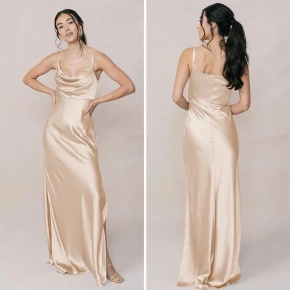 Revelry Strapless Satin Dress in Tan